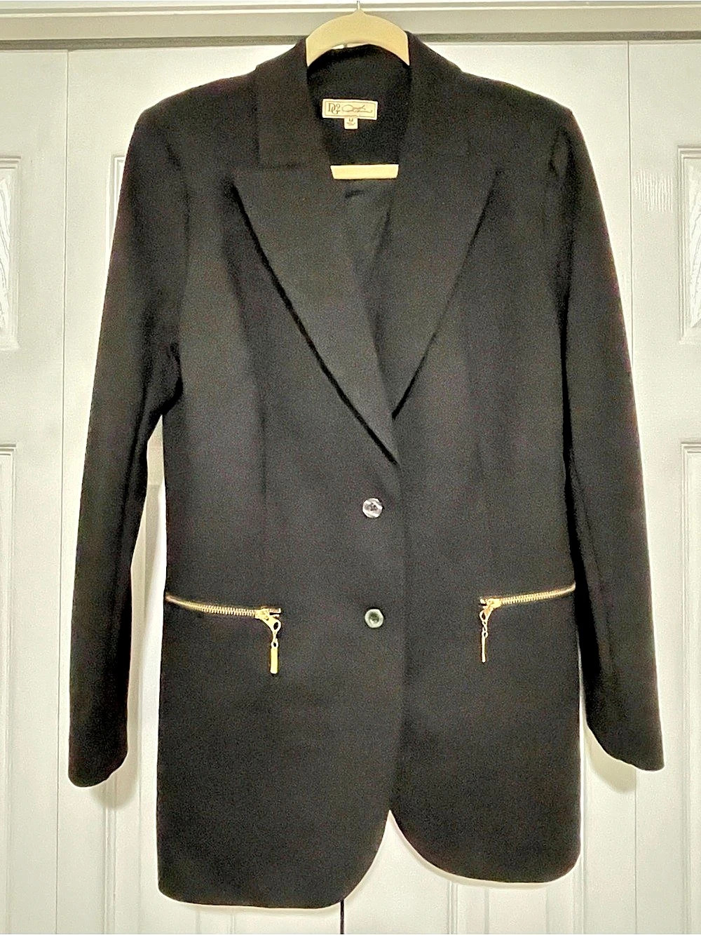 DG2 Diane Gilman Black Ponte Boyfriend Blazer M Gold Zip Pockets